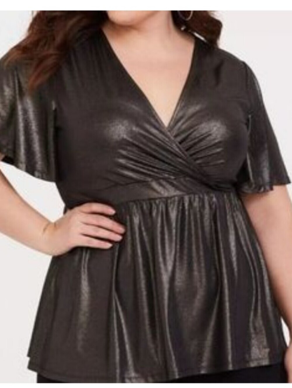 Torrid Black Gold Metallic Shimmer Blouse Flutter Sleeve